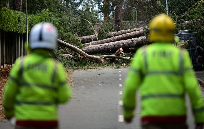 Brandweerlieden arriveren om de schade van een omgevallen boom in Birkenhead, Noordwest-Engeland te inspecteren. De schade is veroorzaakt door storm Arwen.