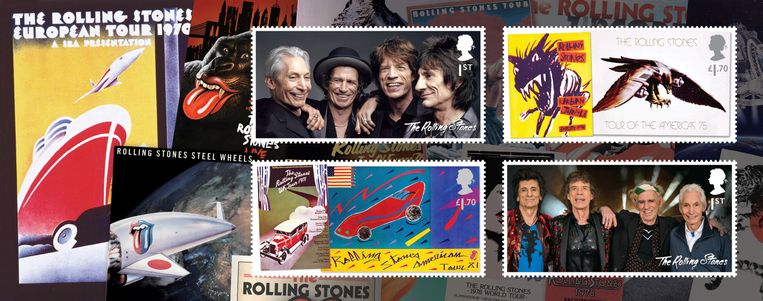De set postzegels ter ere van het 60-jarig bestaan van The Rolling Stones. Beeld via REUTERS