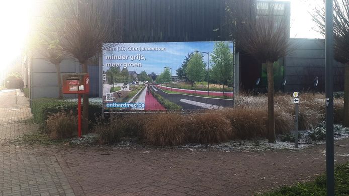 In Sint-Jozef-Olen hangt een banner waarop een droombeeld te zien is van een vernieuwd dorpsplein.