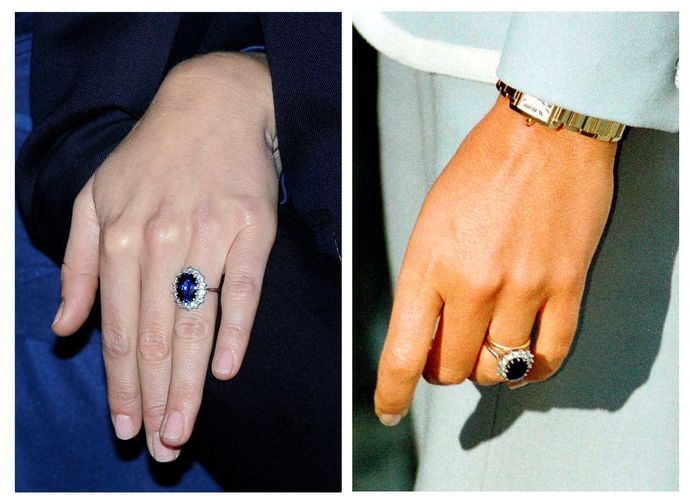 Links het juweel aan de hand van Kate Middleton, rechts dezelfde ring om de vinger van prinses Diana.