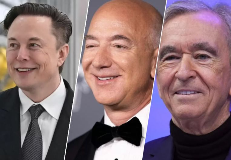 V.l.n.r.: Elon Musk, Jeff Bezos en Bernard Arnault. Beeld EPA