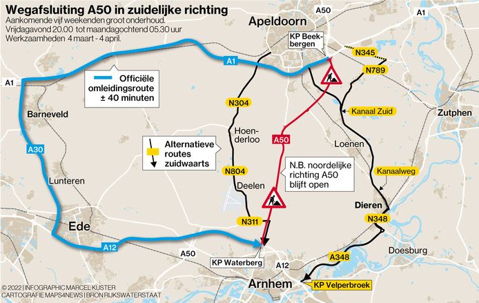 Verkeer dient de omleidingsroute via de A1, A30 en A12 te gebruiken, zegt Rijkswaterstaat. Het wordt afgeraden te rijden via de alternatieve routes, omdat dit de leefbaarheid en veiligheid in de dorpen tussen Arnhem en Apeldoorn in gevaar kan brengen.
