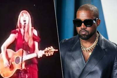 KIJK. Taylor Swift barst in lachen uit tijdens zingen van nummer over Kanye West