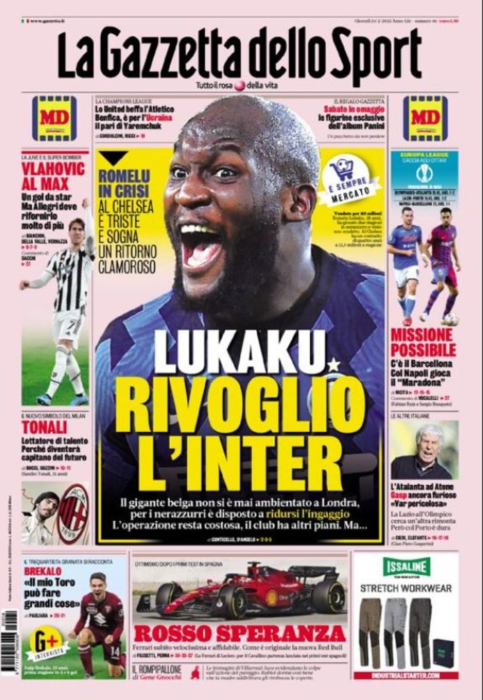 De frontpagina van ‘la Gazzetta dello Sport’ vandaag, met Lukaku dus in een hoofdrol.