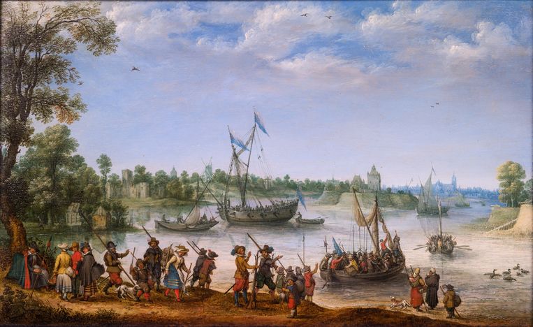 Het vertrek van de Pilgrims uit Delfshaven, 1620. A. Willaerts. 
 Beeld  Rose-Marie and Eijk de Mol van Otterloo Collection.