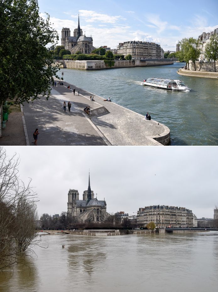 De Seine ter hoogte van de Notre Dame in normale omstandigheden (boven) en de Seine gisteren.