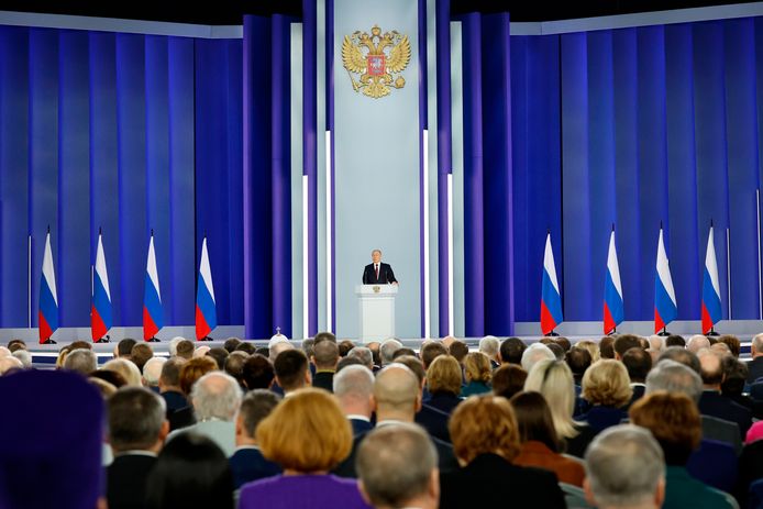 De Russische president Vladimir Poetin tijdens zijn toespraak over de staat van het land in Moskou vandaag.