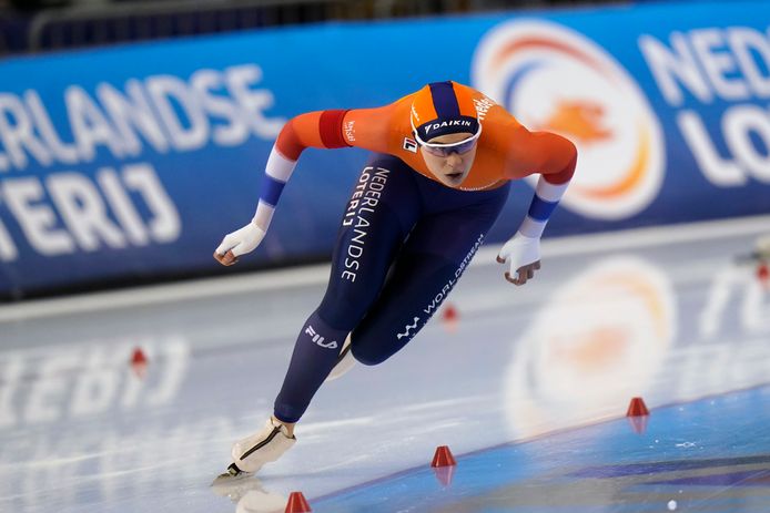 Jutta Leerdam in haar rit op de  1.000 meter tijden de wereldbekerwedstrijd op de Utah Olympic Oval zaterdag in Salt Lake City.