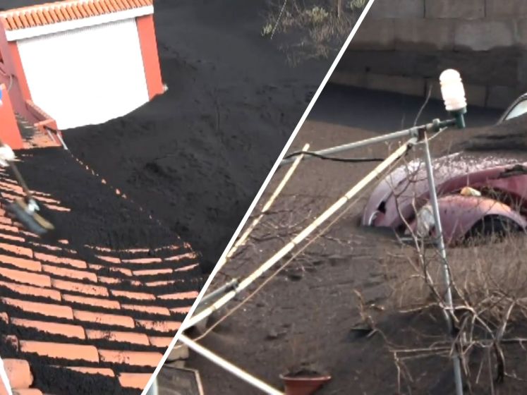 Militairen verwijderen dikke laag as van daken en wegen op La Palma