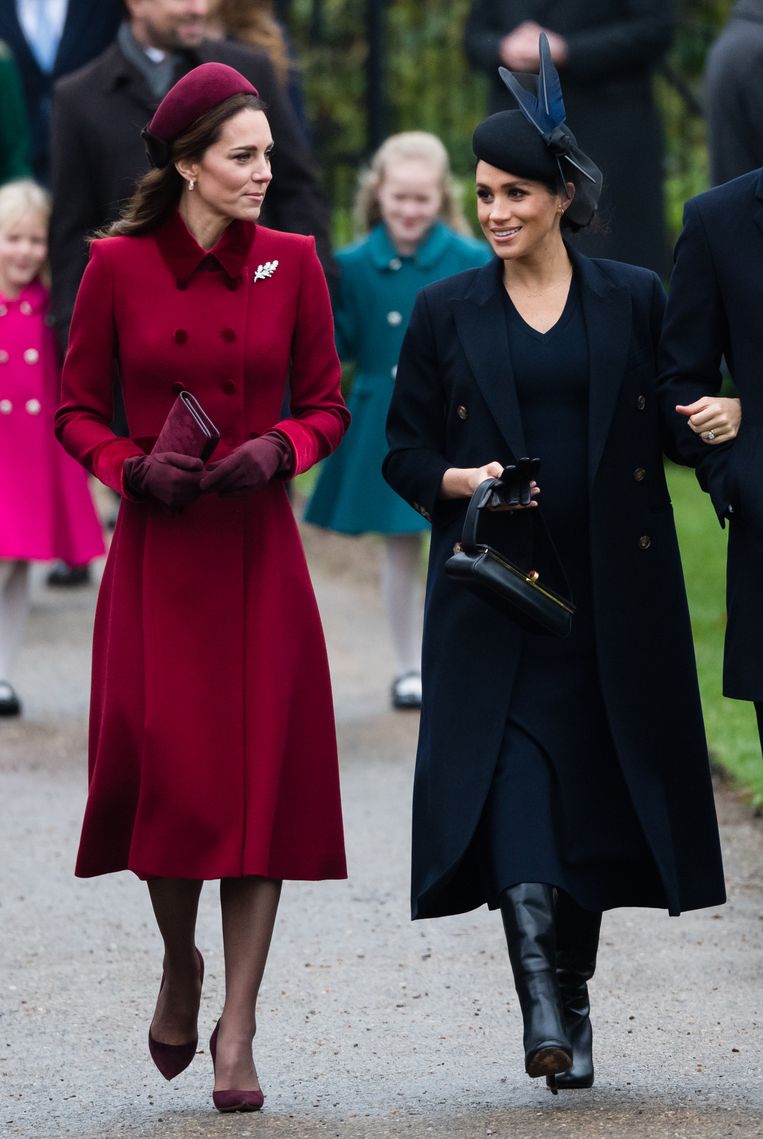 Kate en Meghan onderweg naar de kerk voor de kerstdienst in 2018. Beeld Getty Images