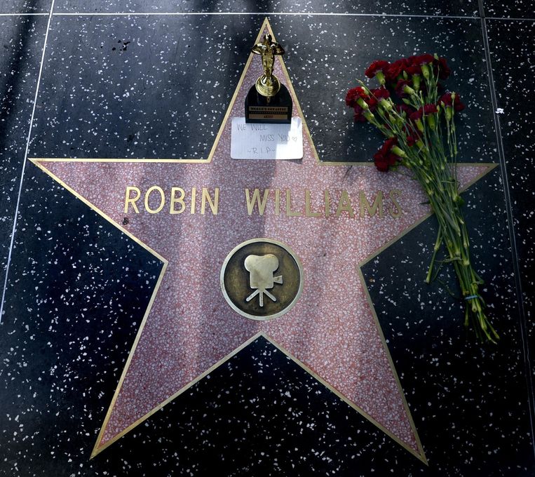 Bloemen en een Oscarsouvenir zijn gelegd op de Walk of Fame-ster van Williams in Hollywood na het overlijden van de populaire Amerikaanse acteur. Beeld epa
