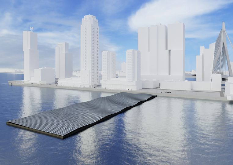 Artist impression van het geplande zonnepark in de Rotterdamse Rijnhaven. Beeld MAUC