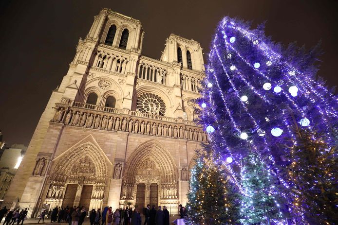 Een grote kerstboom naast de Notre-Dame in hartje Parijs. Het is de eerste boom die er op het plein komt na de aanslagen van november 2015.