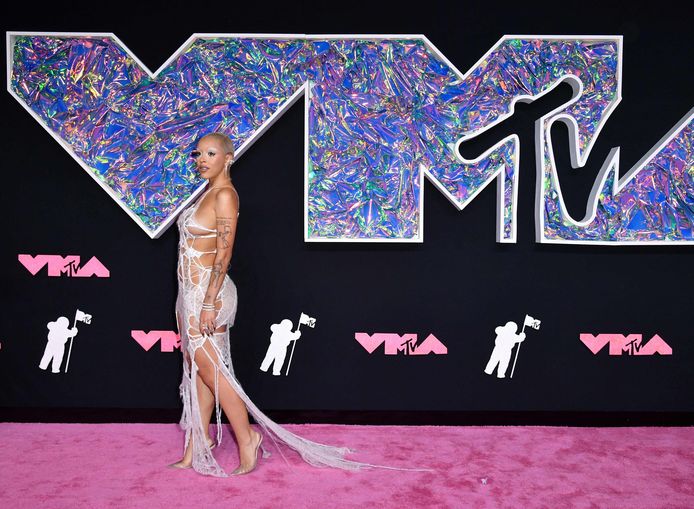 Doja Cat in her spiderweb dress at the VMAs.