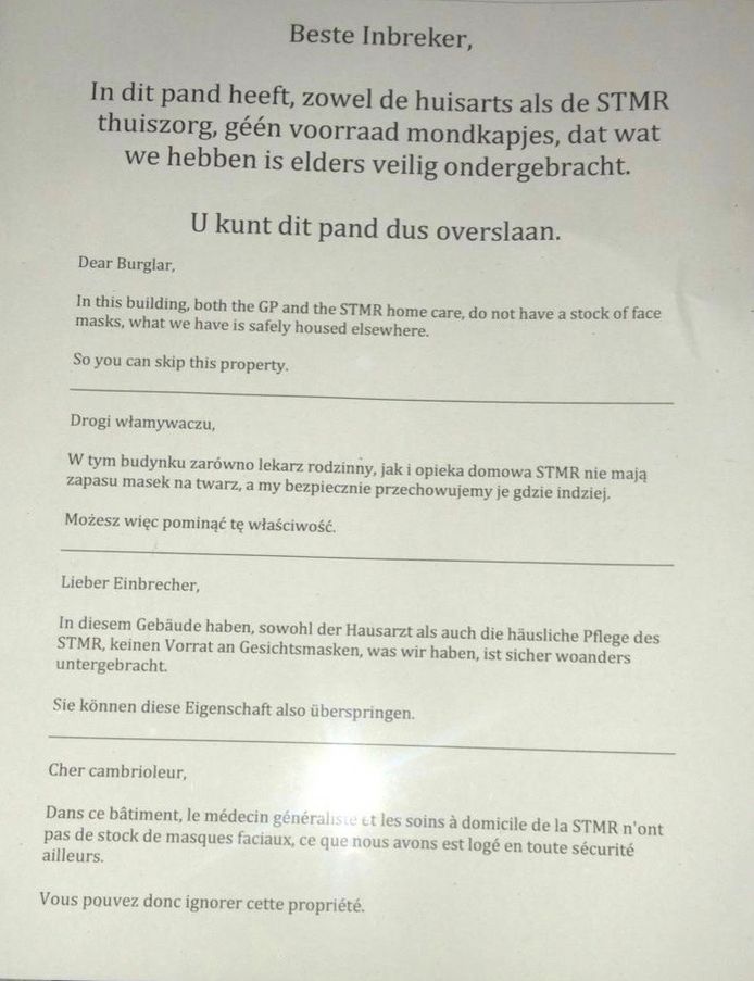 De brief die bij meerdere huisartsenpraktijken in de Bommelerwaard voor het raam hangt.