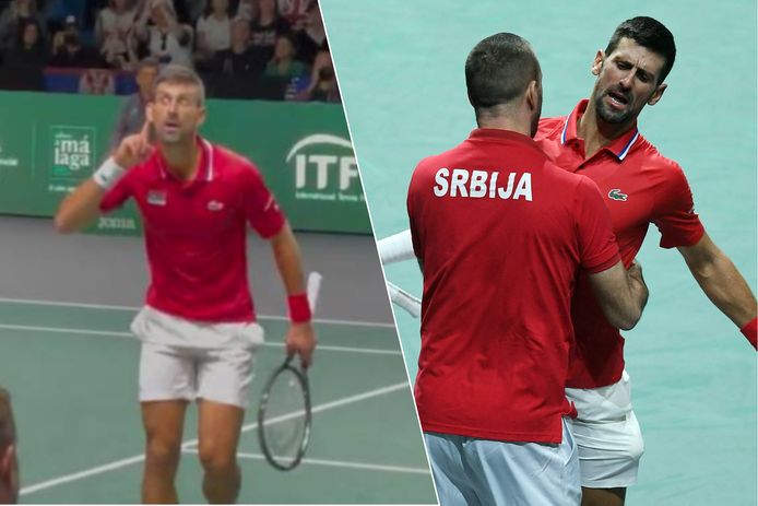 Links: Djokovic met een gebaar richting de fans. Rechts: de nummer 1 van de wereld viert de zege met de Servische kapitein Viktor Troicki.
