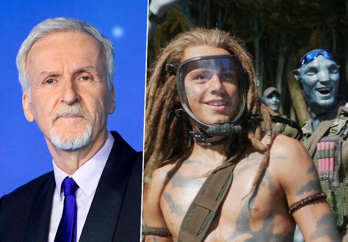 James Cameron (links) en beeld uit 'Avatar: The Way of Water’ met Jack Champion (rechts).