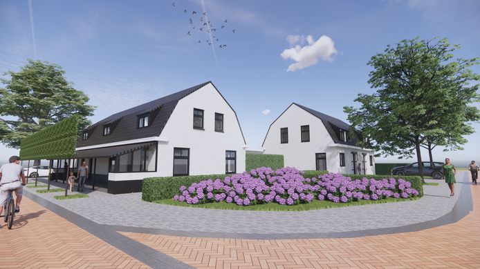 Toekomstplaatje voor het terrein van De Dorpsherberg aan de Pastoor Smitsstraat in Olland. Er komen vijf woningen.