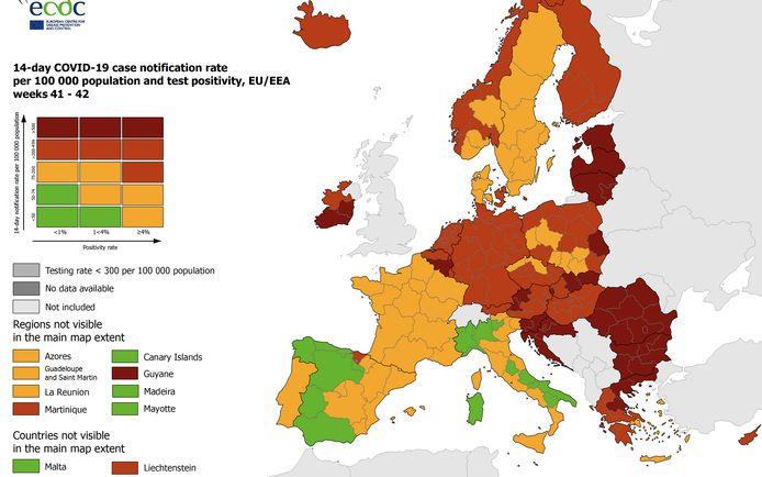 De nieuwe Europese coronakaart.