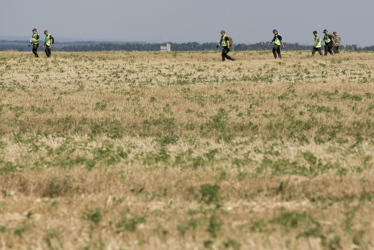 Forensisch onderzoekers doorzoeken het rampgebied van de MH17. Beeld anp