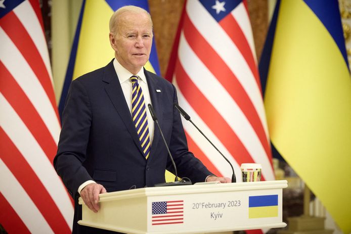 De Amerikaanse president Biden bij zijn bezoek aan Kiev eerder deze week.