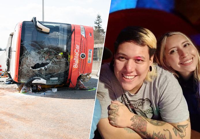 Het wrak van de Blablacar (l.), de bus waar Andres en Ana (r.) in zaten toen het gevaarte crashte op de E19.