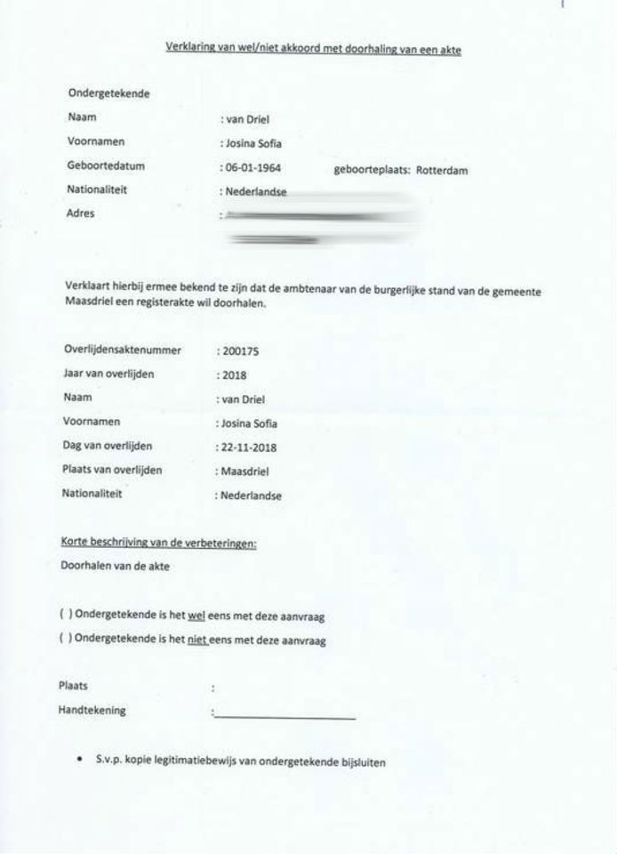 Aanhangsel bij brief van gemeente Maasdriel: verklaring die moet worden ondertekend waarmee toestemming wordt gevraagd aan officier van justitie om akte door te halen.