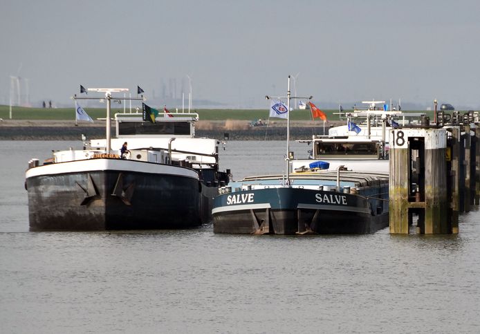 Binnenvaartschepen liggen bij de sluizen van Terneuzen te wachten om geschut te worden.
