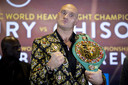 Tyson Fury op de voorbereidende persconferentie gisteren op de titelkamp tegen Chisora.