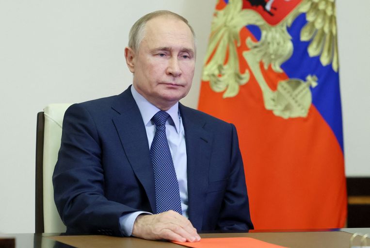 De Russische president Vladimir Poetin, afgelopen week tijdens een videoconferentie. Beeld AFP