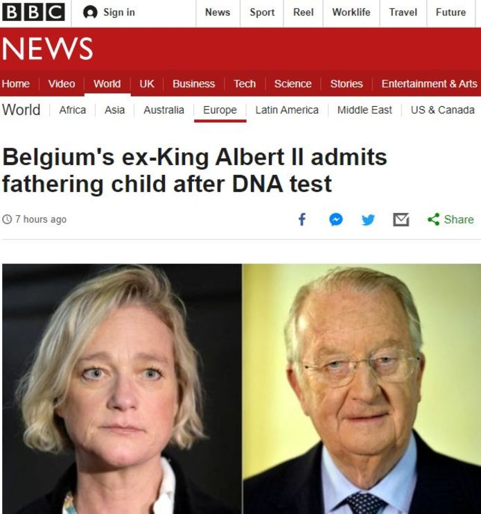 Screenshot website BBC News: "Belgium's ex-King Albert II admits fathering child after DNA test".