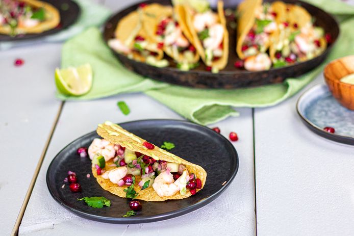 Wat Eten We Vandaag Taco S Met Garnalen En Granaatappelsalsa Koken Eten Ad Nl