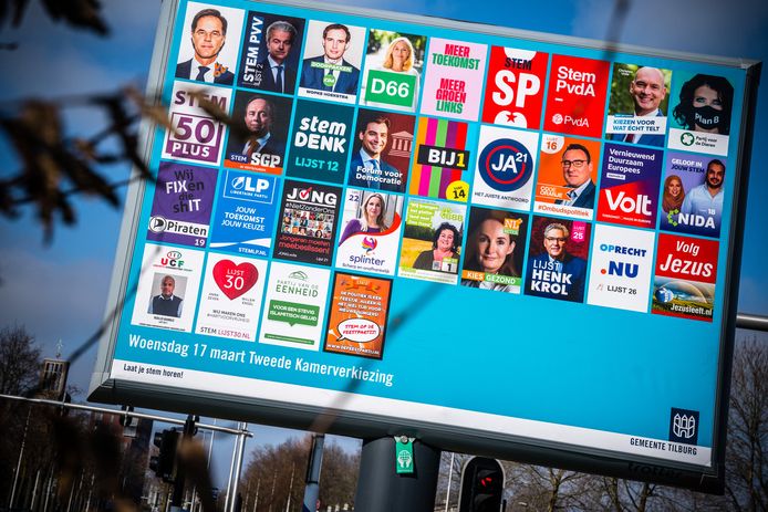 TILBURG - Een verkiezingsbord met verkiezingsposters voor de Tweede Kamerverkiezingen 2021 aan de rand van Tilburg.