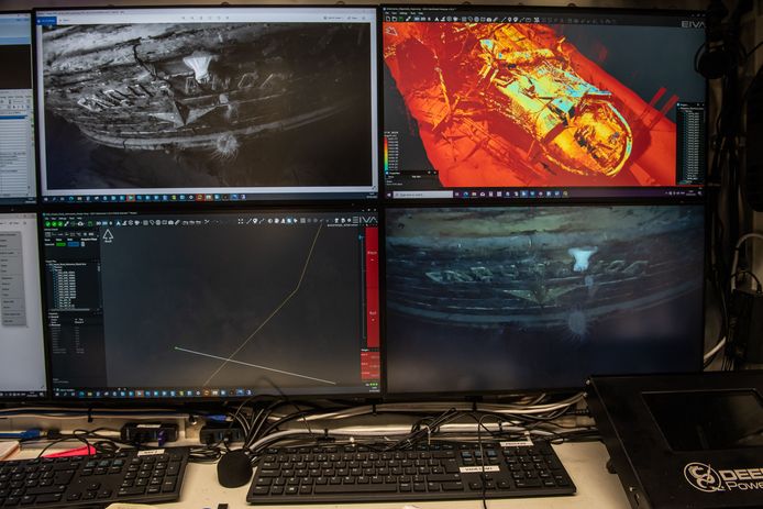 Images of the wreck of Ernest Shackleton's Endurance, created by a remote-controlled mini-submarine, can be seen on screens in the control room of expedition ship SA Agulhas II.