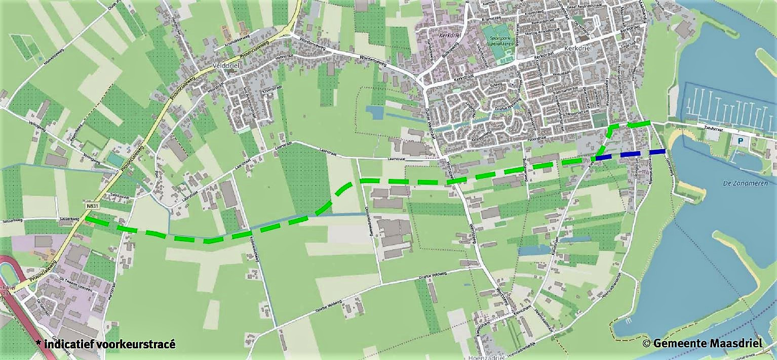 Zo moet de ontsluitingsroute aan de zuidkant van Velddriel en Kerkdriel gaan lopen.