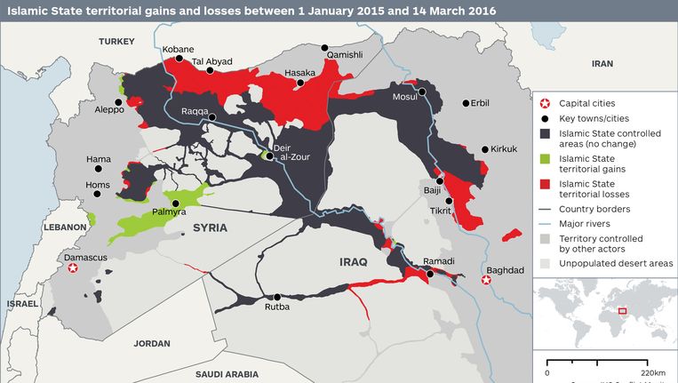 De territoriale verliezen van IS in de afgelopen 15 maanden. Beeld IHS Conflict Monitor
