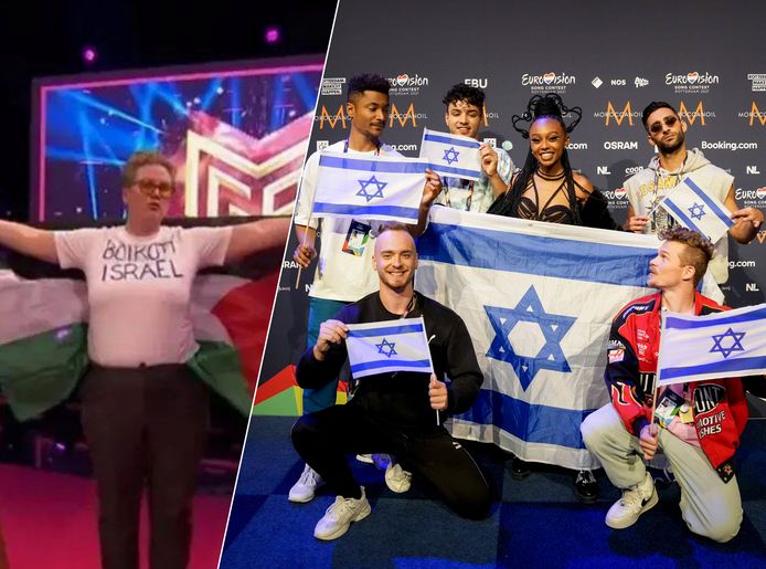 Links: Een demonstratie tijdens de halve finale van het Noorse Songfestival. Rechts: Eden Alene en haar entourage die in Rotterdam meedeed voor Israël.