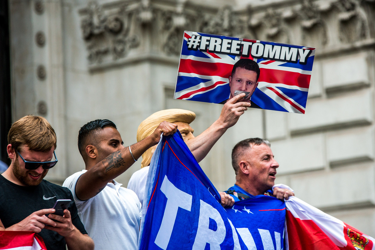 Demonstratie voor de vrijlating van Tommy Robinson in Londen. Beeld Getty