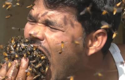 Indiase imker propt honderden bijen in zijn mond