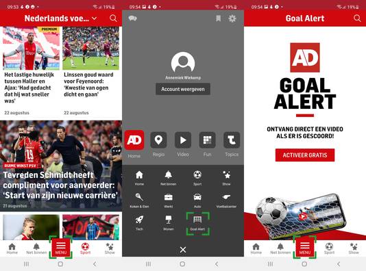 Goal Alert in de AD app