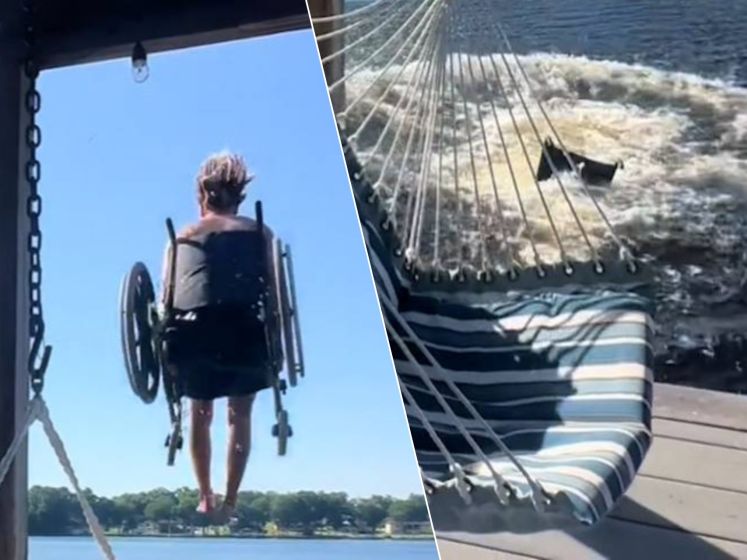 Grootmoeder heeft zin in frisse duik en rijdt dan maar met rolstoel in water