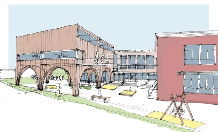 Schets van het oorspronkelijke vernieuwingsplan van de Pionier op de huidige locatie van de school in Valkenswaard.