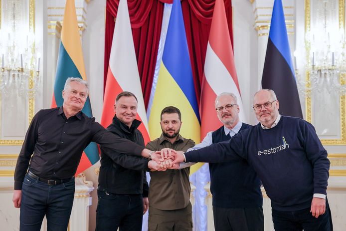 Een groepsfoto van de leiders van de Baltische landen, Polen en Oekraïne. V.l.n.r.: Litouwse president Gitanas Nauseda, Poolse  president Andrzej Duda, Oekraïense president Volodymyr Zelensky, Letse president Egils Levits en Estse president Alar Karis