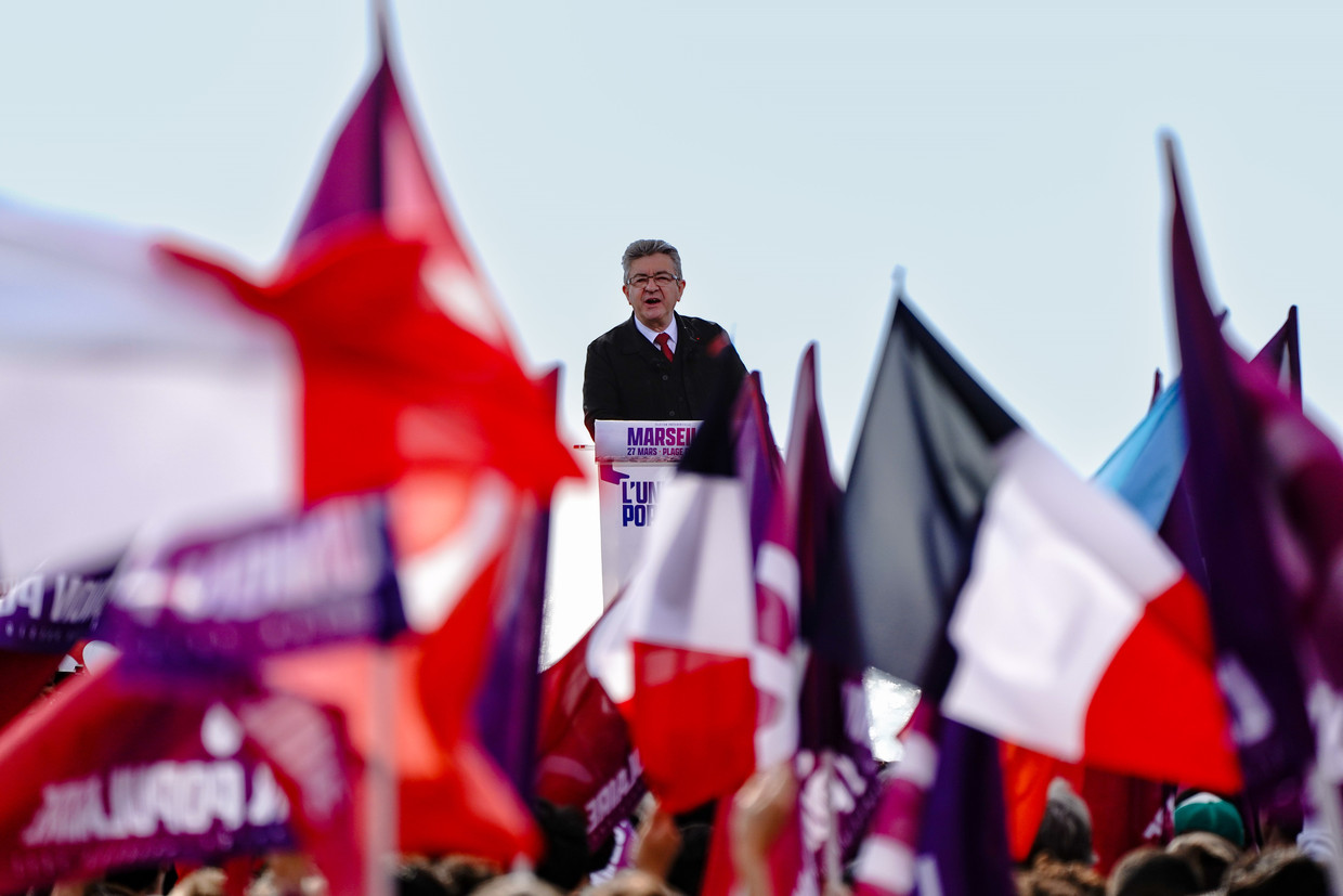 Jean Luc Melenchon tijdens een verkiezingsrally eerder deze week. Beeld Photo News