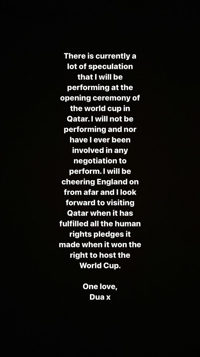Het Instagramverhaal van Dua Lipa omtrent het WK in Qatar.