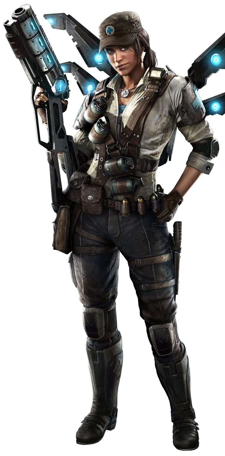 Caira, een van de twee vrouwelijke jagers in Evolve. Beeld Turtle Rock Studios