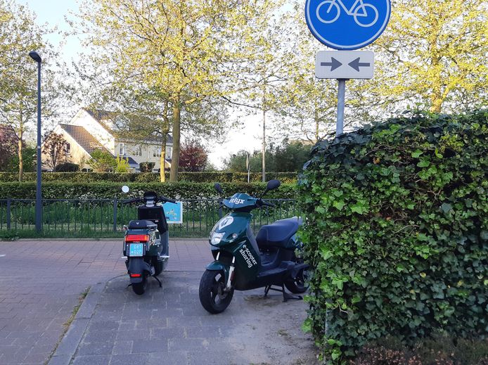 Deelscooters blokkeren het trottoir in Schiedam.