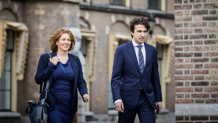 Onderhandelaars Cathalijne Buitenweg en Jesse Klaver van GroenLinks tijdens de kabinetsformatie. Beeld anp