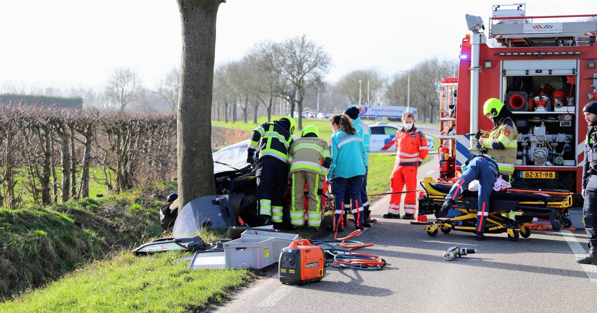 Bestuurder zwaargewond bij botsing tegen boom bij Maurik.