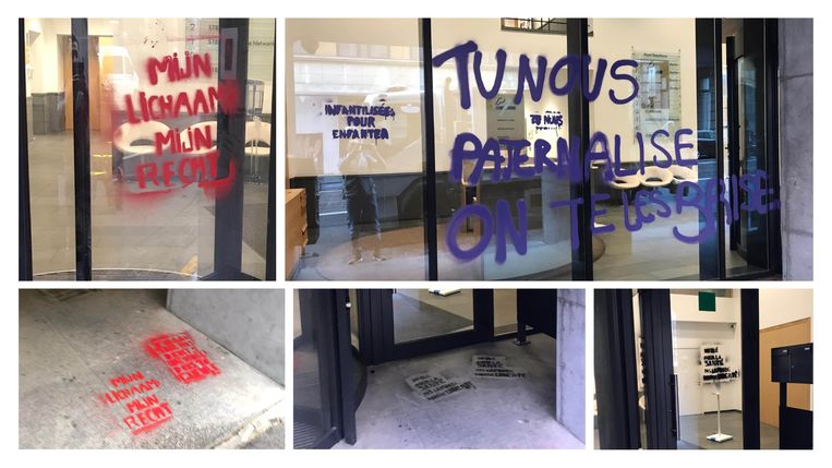 Feministische militanten bekladden hoofdkwartier N-VA. Beeld N-VA